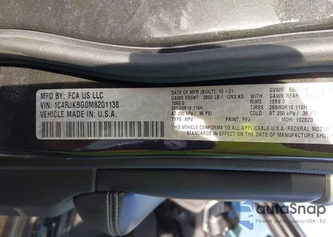 2021 Jeep Grand Cherokee L Limited 4X4 z USA, uszkodzony, nr VIN 1C4RJKBG0M8201138